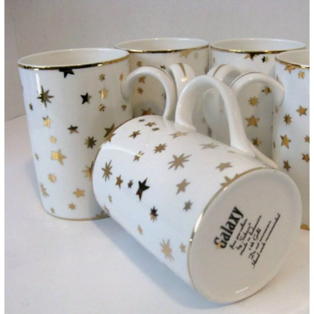 4 Sakura Coffee Mugs Galaxy Classic White Fine Porcelain 14K Gold Stars set of 4